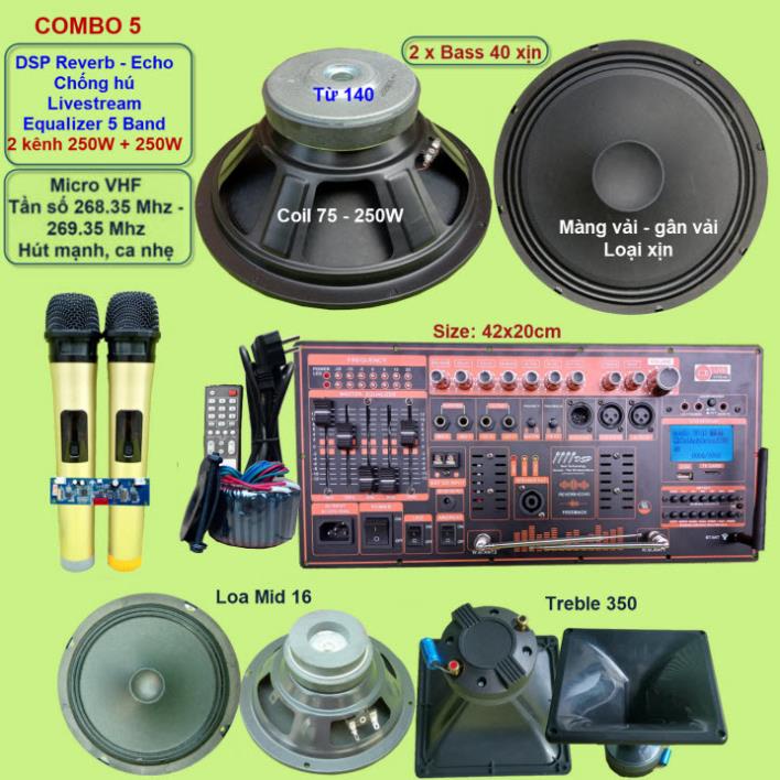 Mạch loa kéo 4 tấc đôi 2 kênh 250W + 250W DSP Reverb Echo Livestream có chống hú - Equalizer 5 Band kèm 2 tay micro