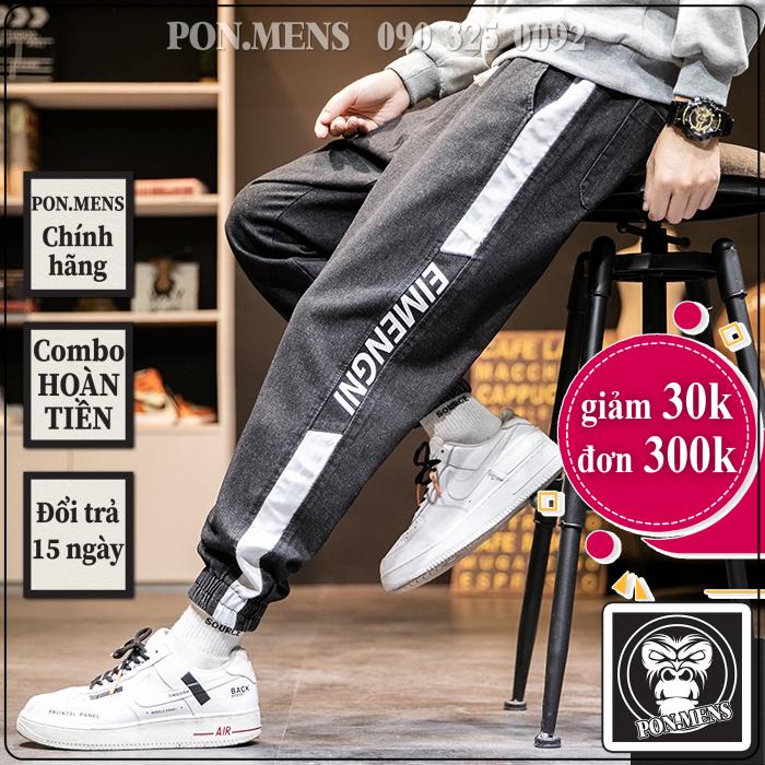 Quần jogger jean nam nữ bó gấu lưng chun chữ sọc phong cách Hàn Quốc hot trend 2020