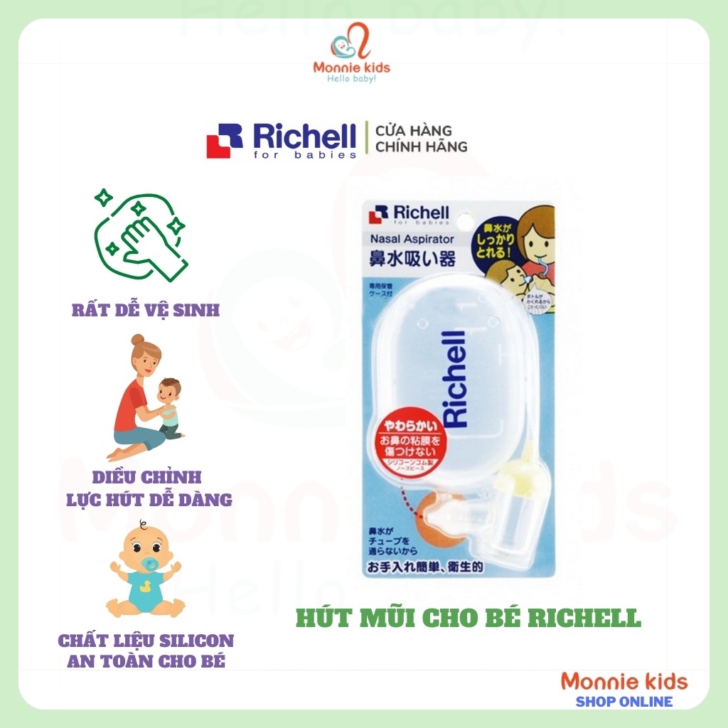 Dụng cụ hút mũi cho bé Richell RC98550, hút mũi có đầu silicon mềm mại - Monnie Kids