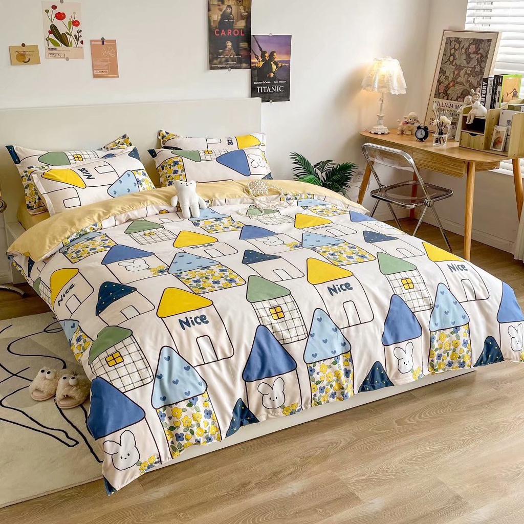 Bộ chăn ga gối cotton poly 2 mặt Lidaco decor phòng ngủ vintage - Ngôi nhà dâu tây ( SP001458)