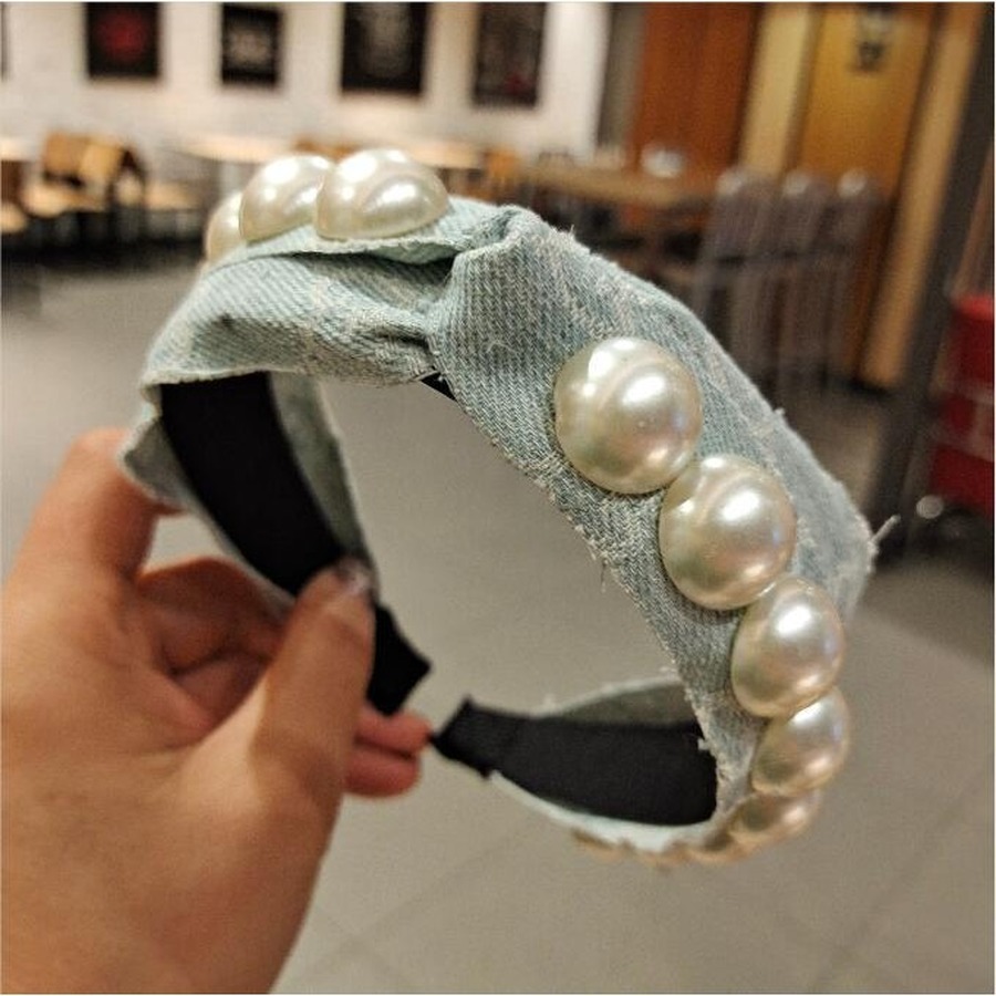 Băng Đô Vải Denim Đính Ngọc Trai Nhân Tạo Thời Trang Sang Trọng