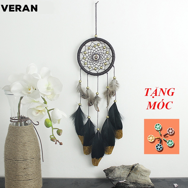 Dreamcatcher Trang Trí Lông Vũ Kiểu Vintage Có Đèn Led Tặng Kèm Móc Dán Tường