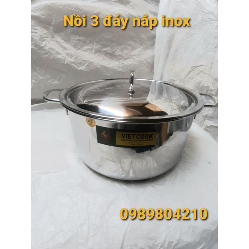 Nồi inox đun bếp từ size 26,nồi 1 đáy 3 đáy nắp kính nắp inox,Nồi inox bếp từ size 26 Vietcook.CAM KẾT CHÍNH HÃNG