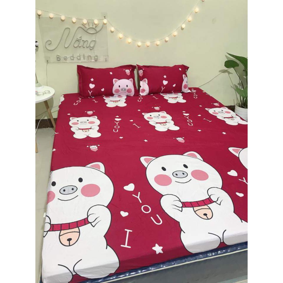 Xả kho bộ ga gối 1m2 cotton poly-heo đỏ