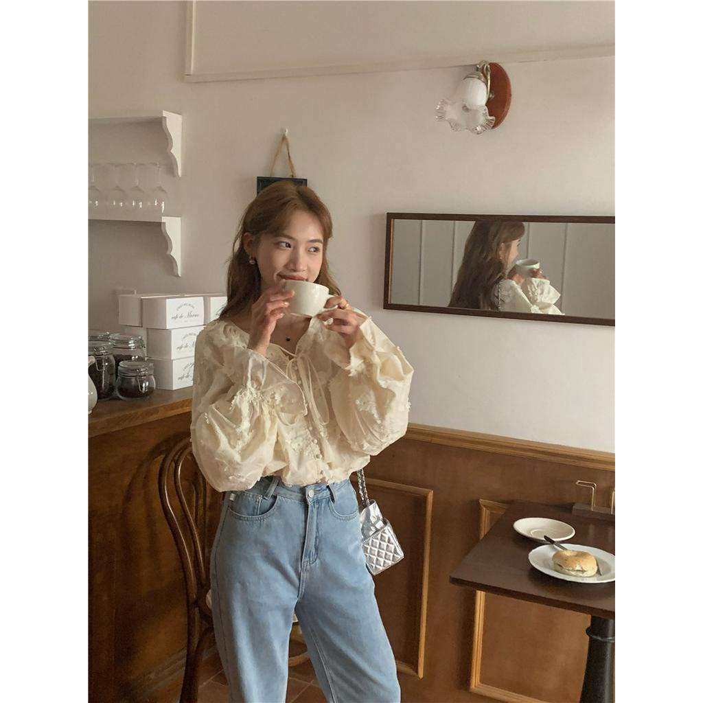 Áo Thun Ba Chiều Dáng Rộng Dài Tay Thêu Hoa Ba Chiều 62625