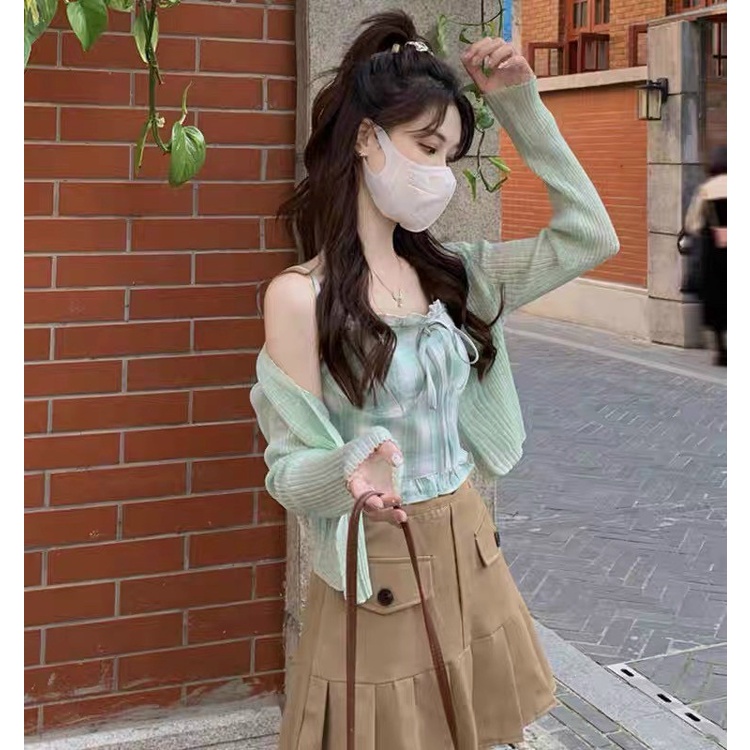 Set áo cardigan + áo 2 dây kẻ thắt nơ xanh mint hot trend