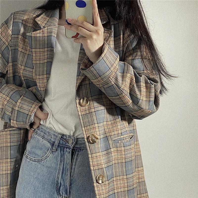 Áo Khoác Vest Kẻ Sọc Ca Rô Dáng Rộng Phong Cách retro Hàn Quốc 2022