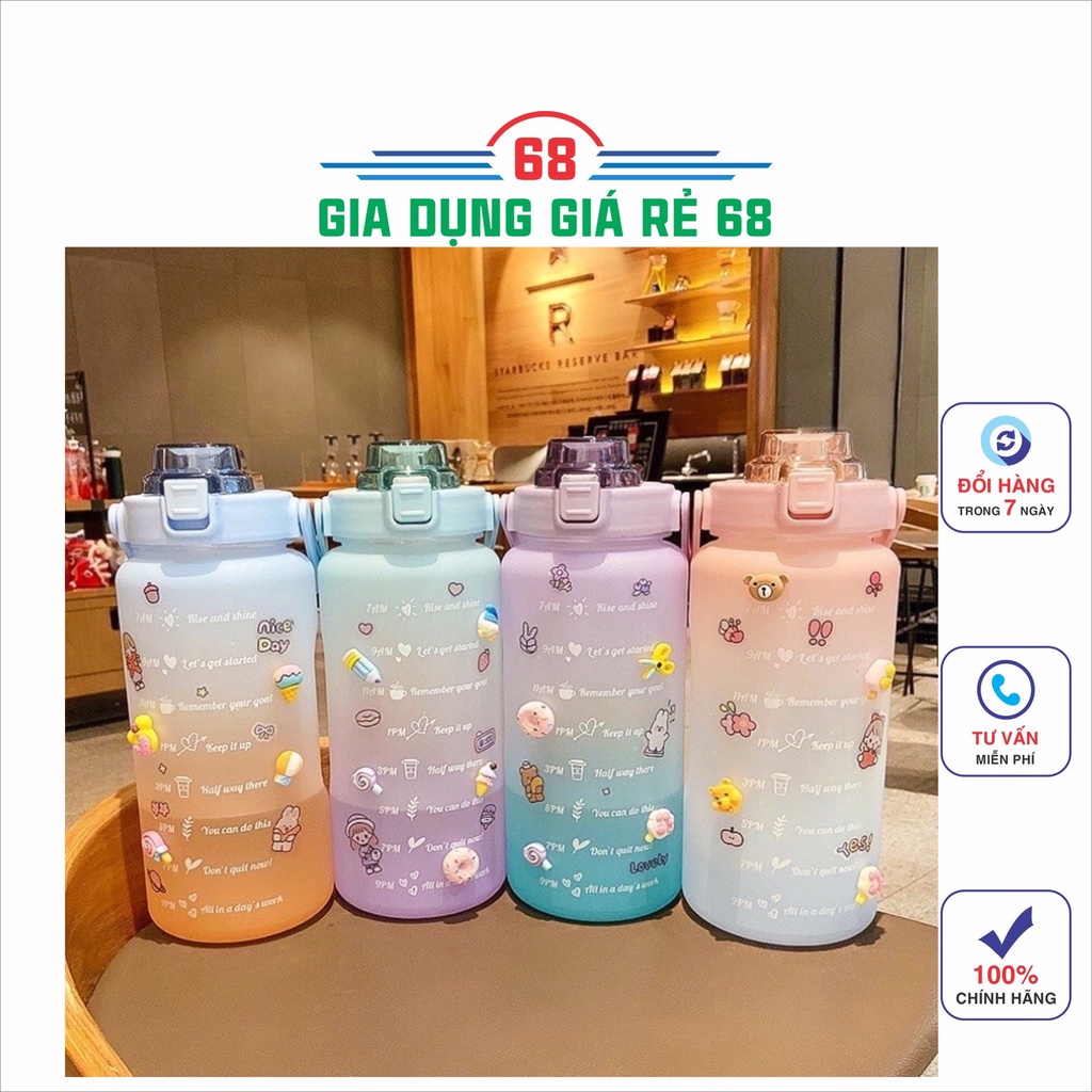 Bình nước 2 lít tặng Sticker dành cho người lười uống nước - bình nước cute 2L có ống hút, vạch chia nhắc giờ