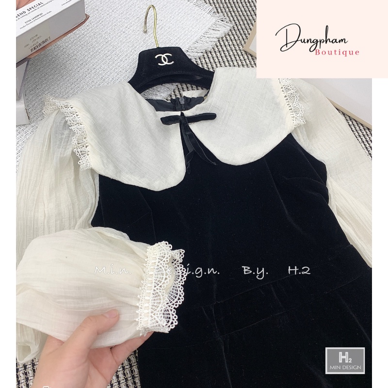 Váy nhung cổ đũi phối ren viền _ Dungpham Boutique