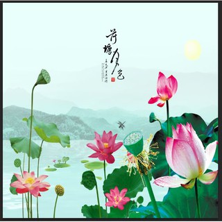 Tranh dán tường 3d - phong cảnh thiên nhiên tranh sơn thủy hoa sen (tích hợp sẵn keo) kích thước 80cm x 80cm MS296942