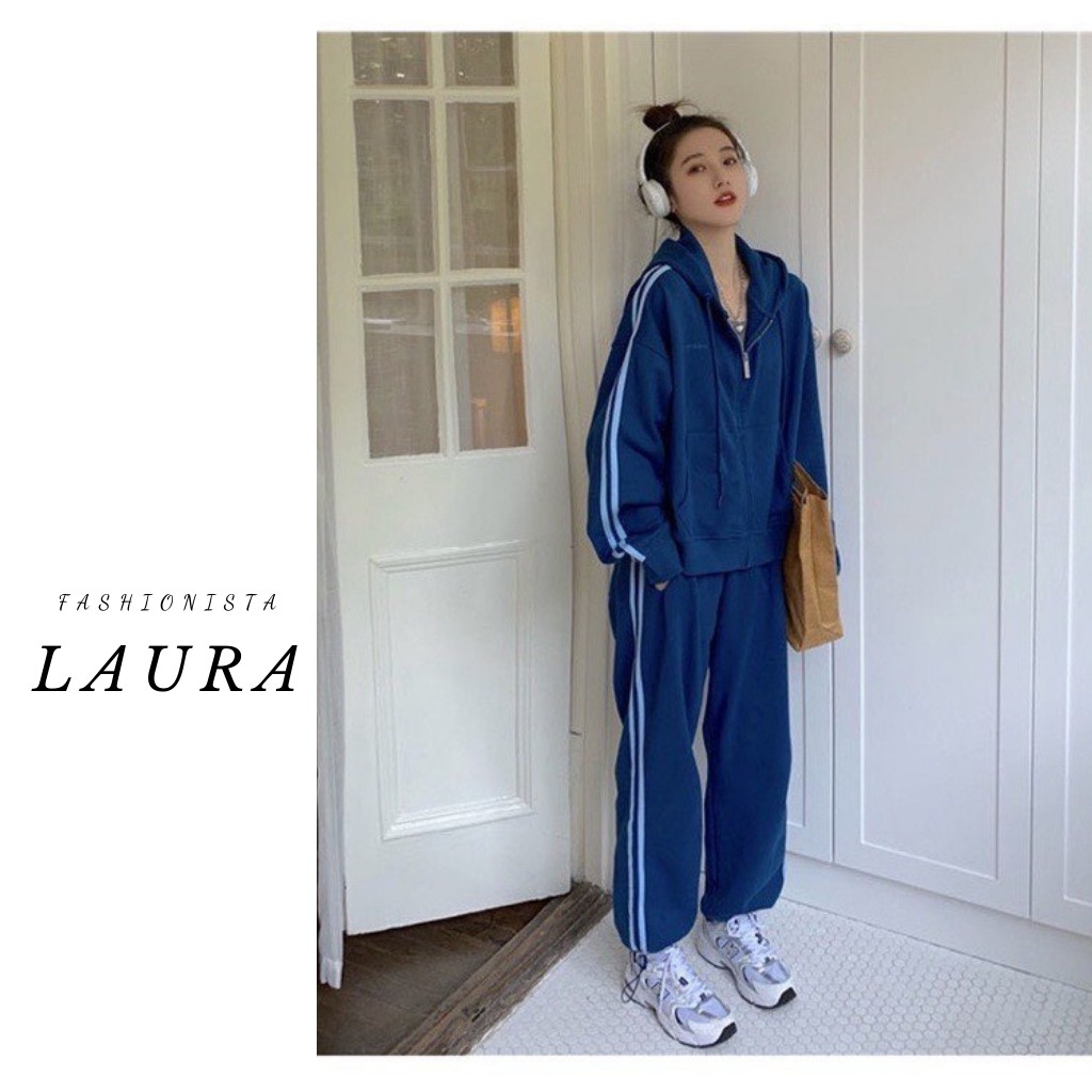 Set áo khoác nỉ dài tay 3 sọc kèm quần dài bo ống Laura Boutique - Set áo khoác quần thụng kẻ sọc xám năng động | BigBuy360 - bigbuy360.vn