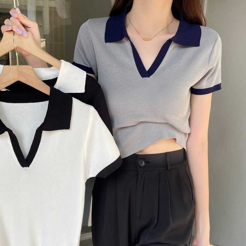 Áo polo Dệt Kim Tay Ngắn Hở Vai Thời Trang Mùa Hè 2022 Dành Cho Bạn Nữ