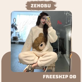 Bộ ngủ nữ lông mặt gấu siêu cute, set bộ ngủ nữ dài tay thêu hình gấu lông dày