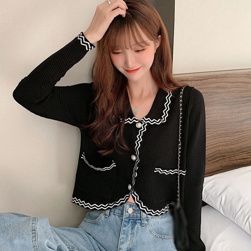 Áo Khoác Cardigan Dệt Kim Màu Sắc Tương Phản Thiết Kế Xinh Xắn Thời Trang Cho Nữ