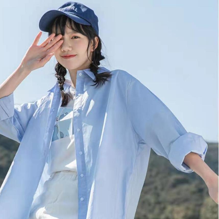 Áo sơ mi nữ cotton màu xanh da trời lỏng tay dài nút trơn mùa xuân mùa thu năm 2021 mới