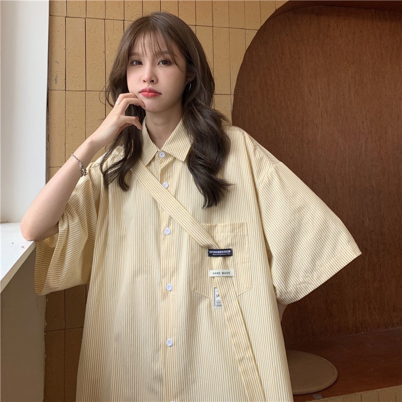 Áo Sơ Mi Tay Lỡ Dáng Rộng Họa Tiết Kẻ Sọc Thời Trang Hàn Quốc Cho Nữ