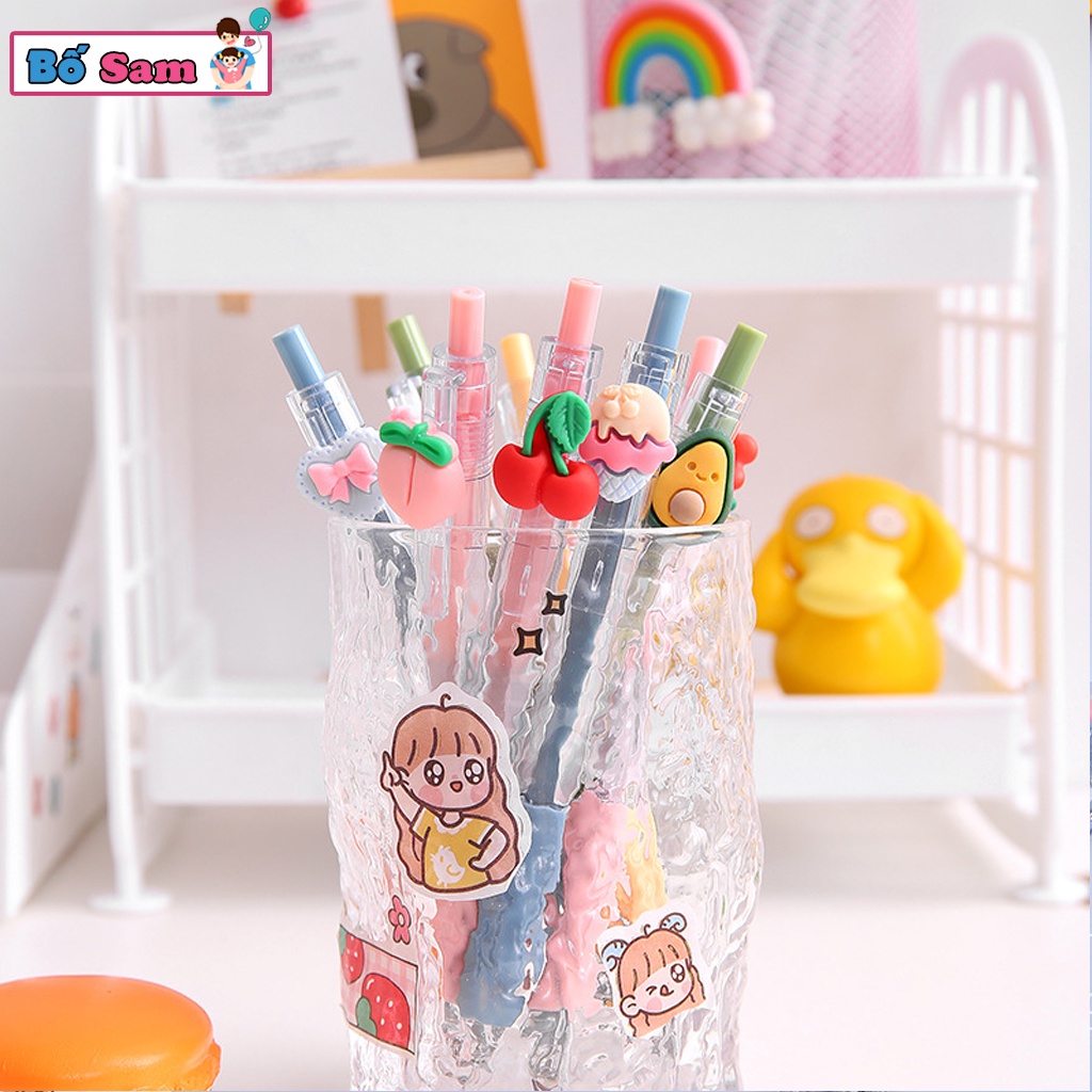 Bút bi nước cute mực đen ngòi 0.5mm, vỏ bút trong suốt gắn hoa quả dễ thương Shop Bố Sam