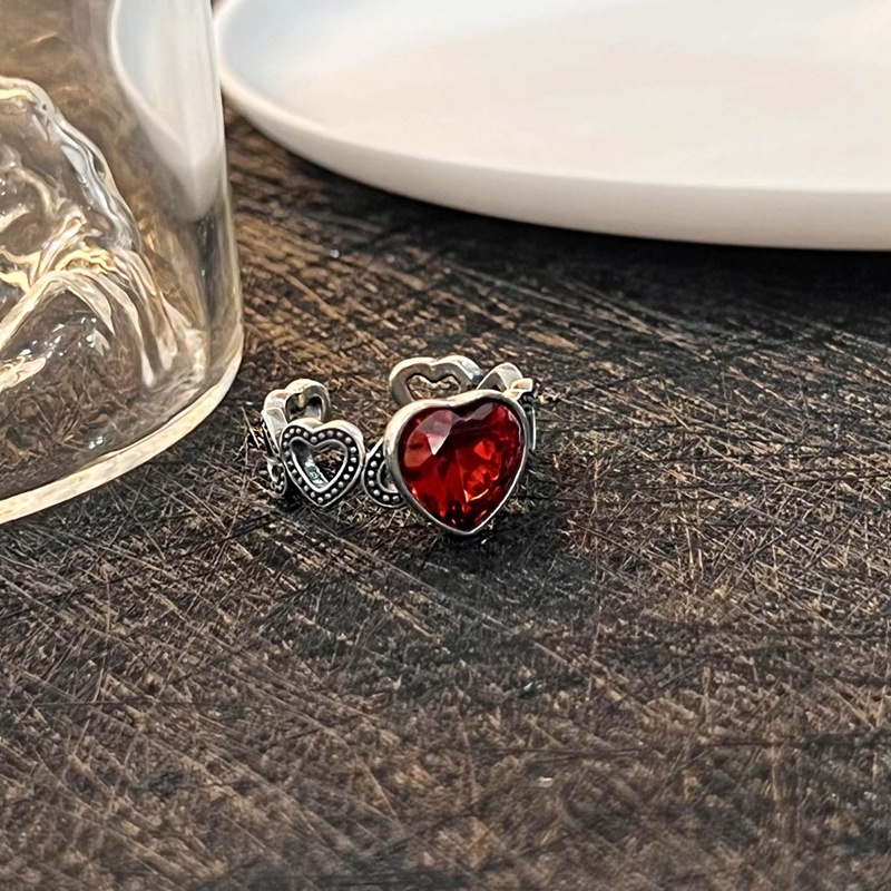 Nhẫn Bạc Thái Khắc Hình Hoa Hồng/Chim Bồ Câu Đính Đá Zircon Màu Đỏ Phong Cách Retro