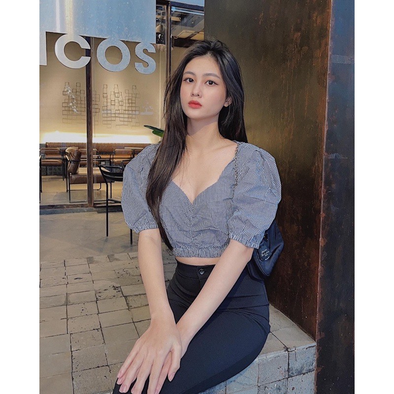 Áo croptop nữ tay phồng HHVINTAGE kiểu cổ tim thiết kế thun co giãn Top A95