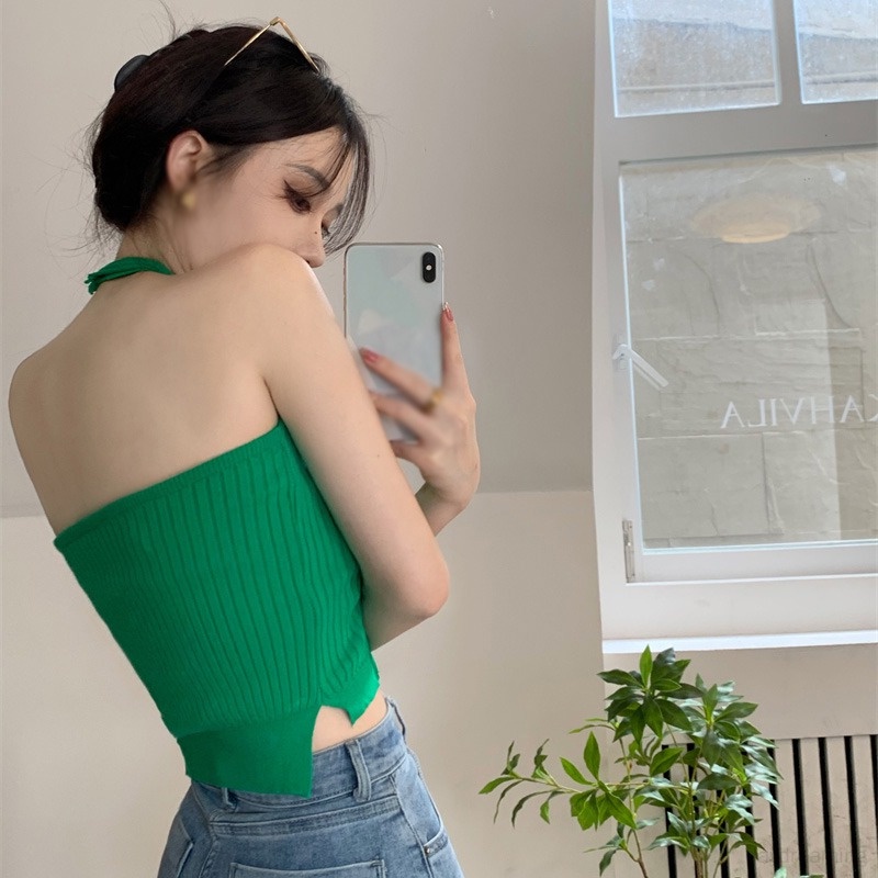 Áo Croptop Dệt Kim Hai Dây Màu Sắc Đơn Giản Cho Nữ