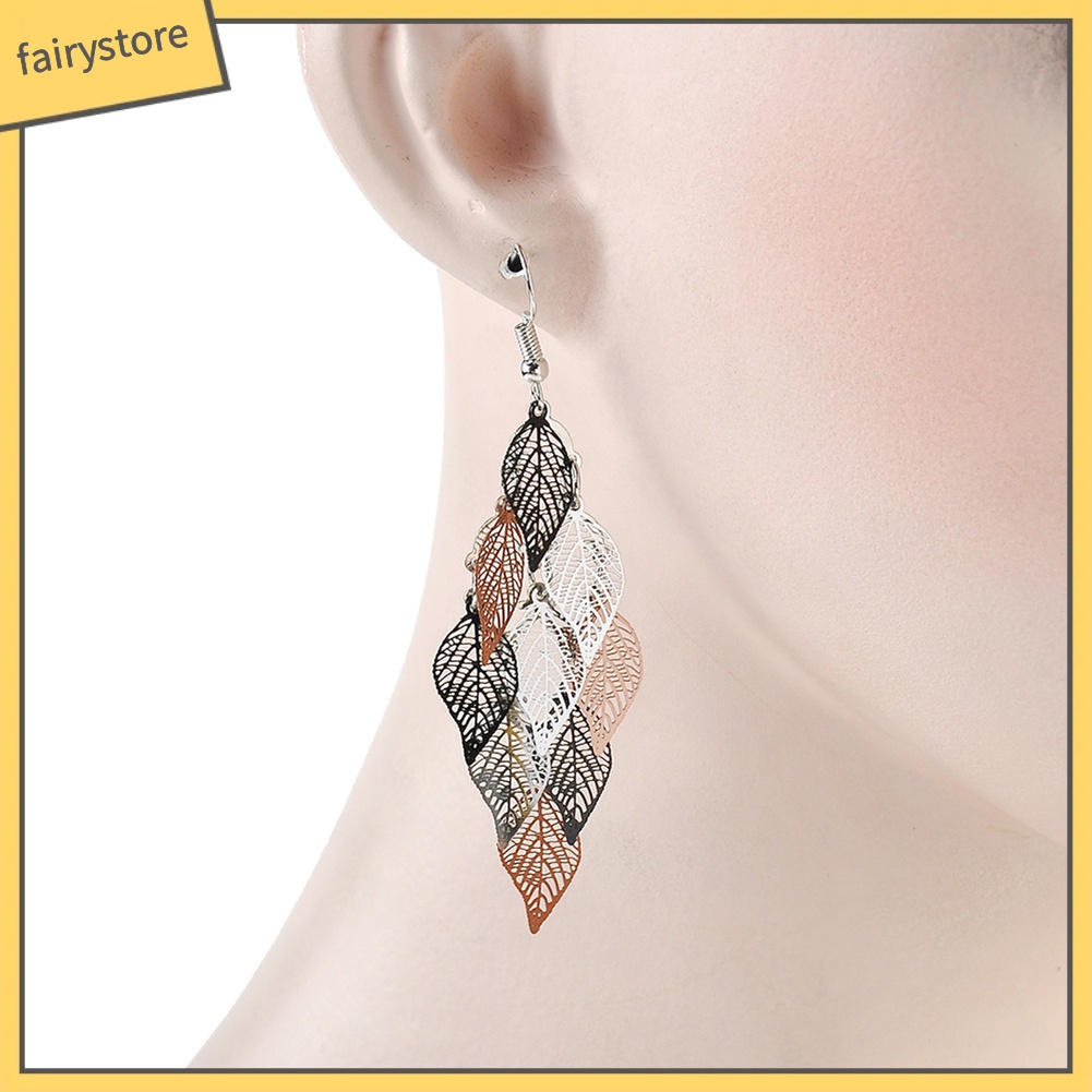 Hoa tai dạng móc thiết kế hình lá nhiều lớp thời trang thanh lịch cho nữ