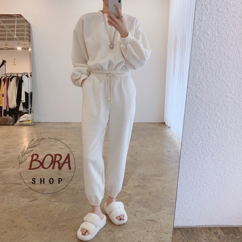 Set bộ nỉ nữ Ulzzang Hàn Quốc BORA SHOP áo croptop bo eo quần thắt eo order