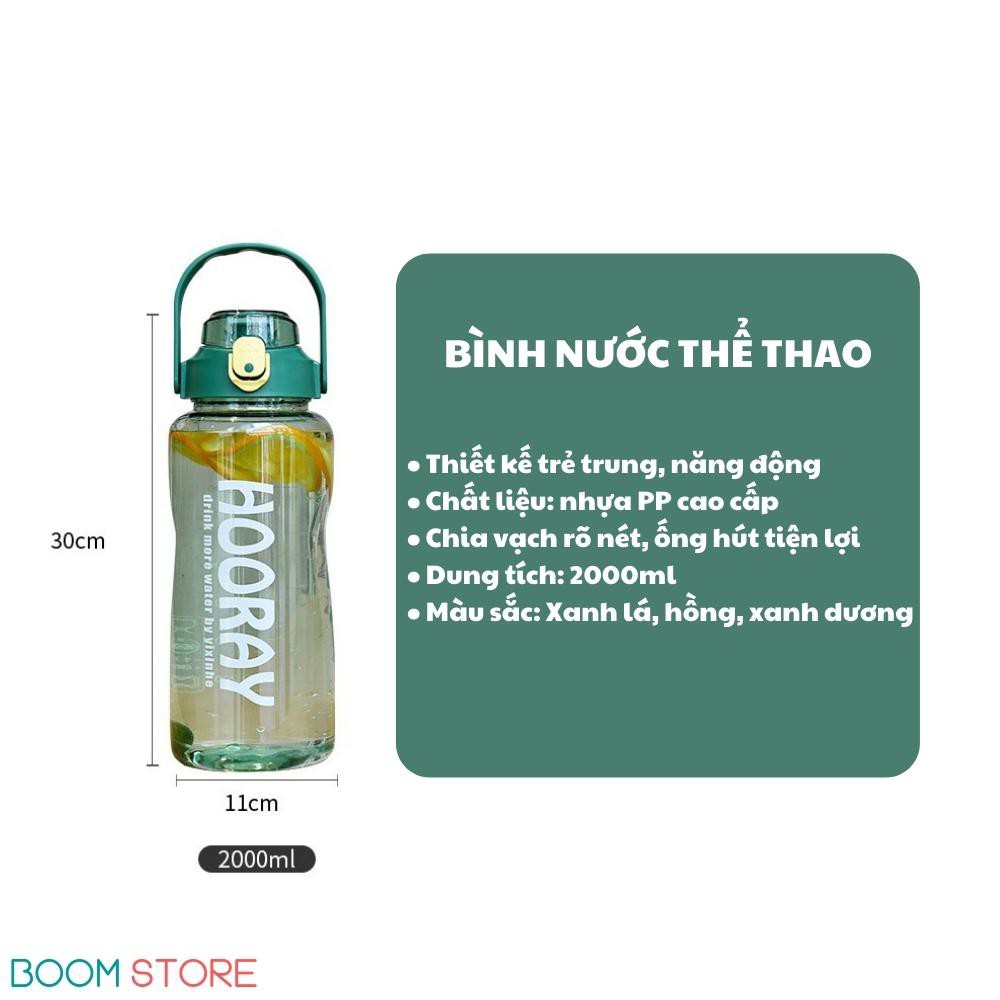 Bình nước thể thao 2 lít chia vạch có ống hút bằng nhựa cute Boom Store