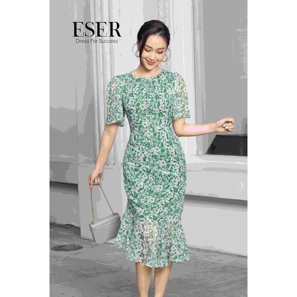 Váy liền đi làm, công sở, dạo phố, dáng đuôi cá, form bút chì, vải von xốp hoa nhí xanh PASSION FLOWER ESER