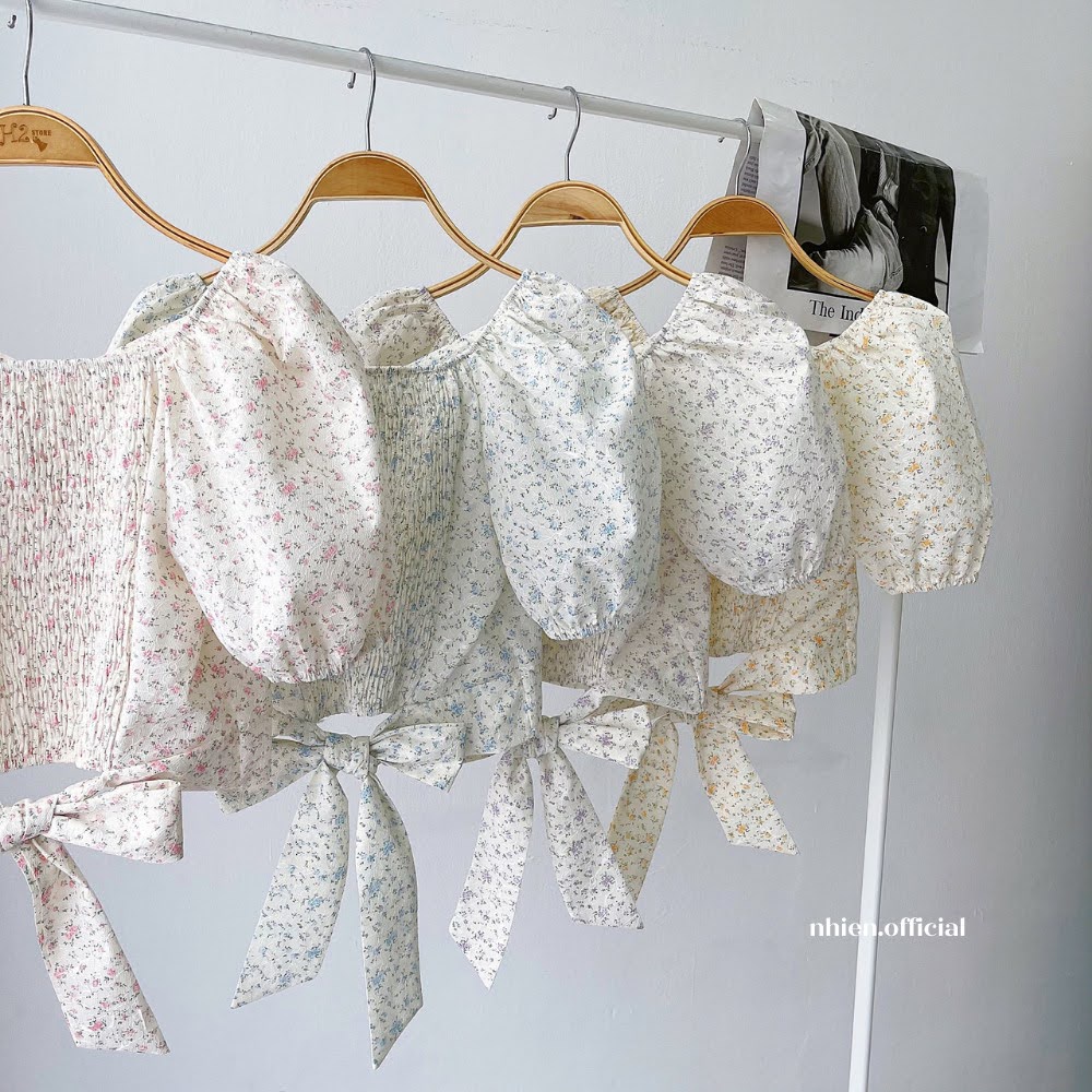 Áo Hoa Cột Nơ Tay Bo Chun Nhienvintage BA69