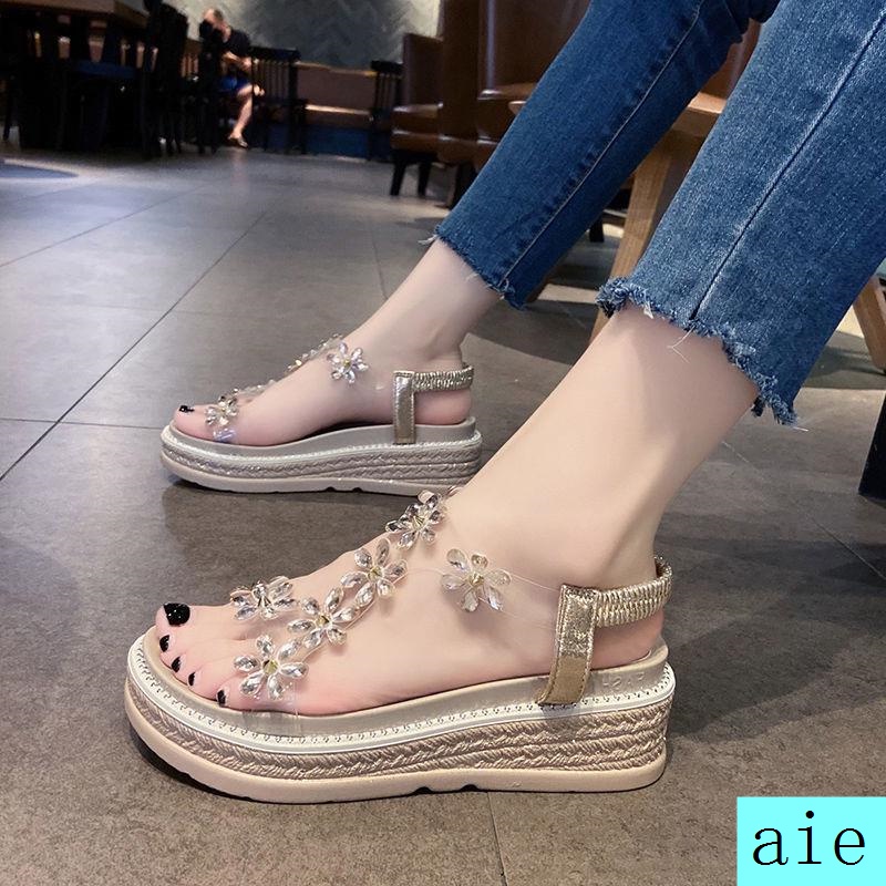Giày Sandal Đế Xuồng Dày Đính Đá Thời Trang Mùa Hè Năm 2021 Cho Nữ