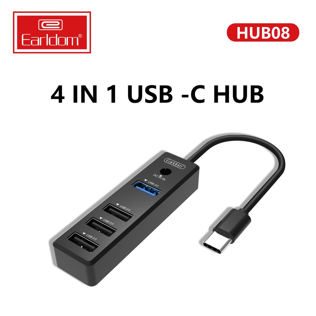 Hub Chuyển USB Type C ra 1 cổng USB 3.0 + 3 Cổng USB 2.0 + 5V DC Earldom HUB 08 - Hàng Chính Hãng