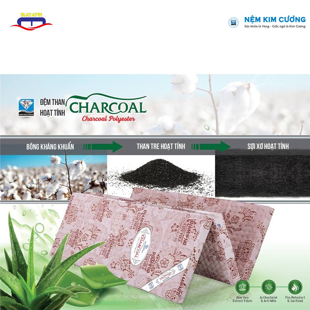 Đệm bông ép than hoạt tính chính hãng Kim Cương CHARCOAL 3M cao 10-15-18 cm.