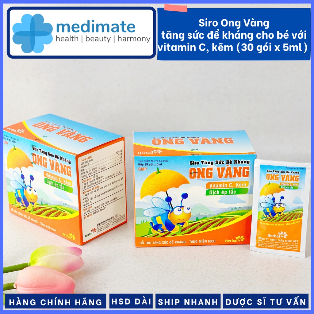 Siro Ong Vàng tăng sức đề kháng cho bé, bổ sung vitamin C và kẽm (Hộp 30 gói x 5ml)