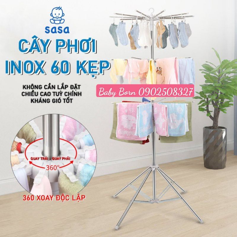 Mẫu mới - Cây sào phơi đồ inox thông minh gấp gọn đa năng 3 tầng 60 kẹp, treo đồ cho trẻ em, bé sơ sinh (Hàng loại 1)