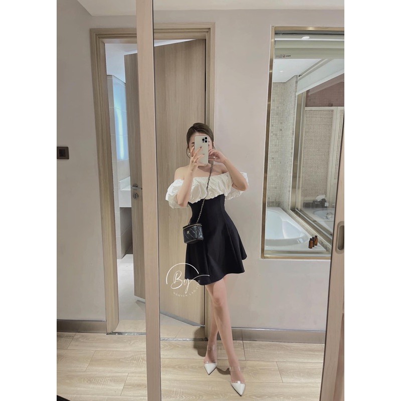 [Siêu Hot] [222] Váy Nữ Trễ Vai Bèo Trắng , Đầm Nữ Bẹt Vai Đen Phối Trắng Dáng Xoè Siêu Xinh Có Ảnh Thật Kèm Video