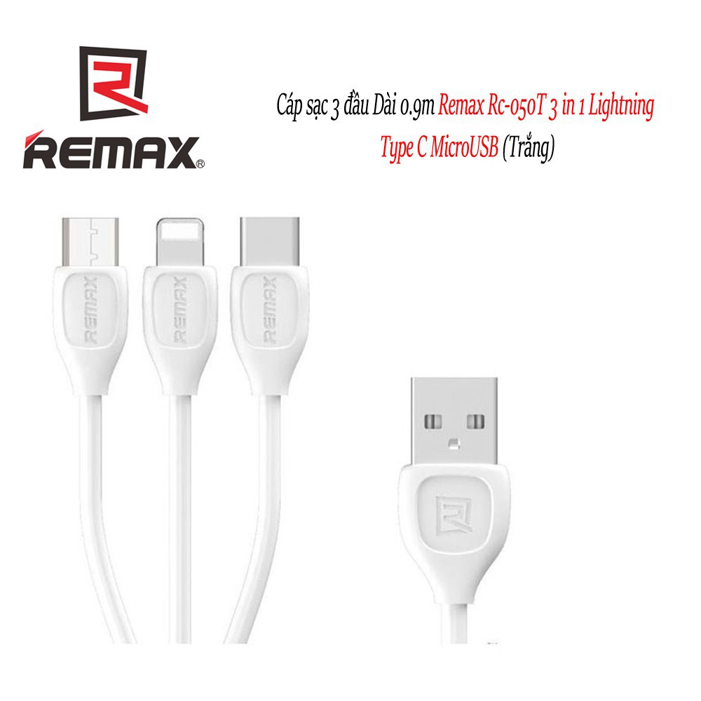 Cáp sạc 3 đầu Dài 0.9m Remax Rc-050TH 3 in 1 Lightning Type C MicroUSB