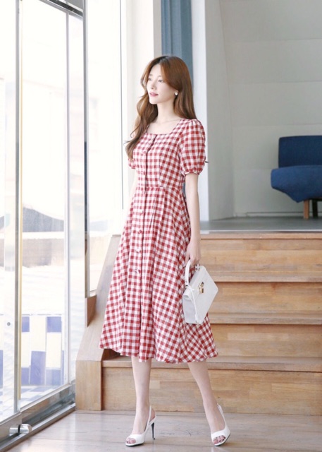Đầm váy caro đỏ nút bọc xuongvnxk
