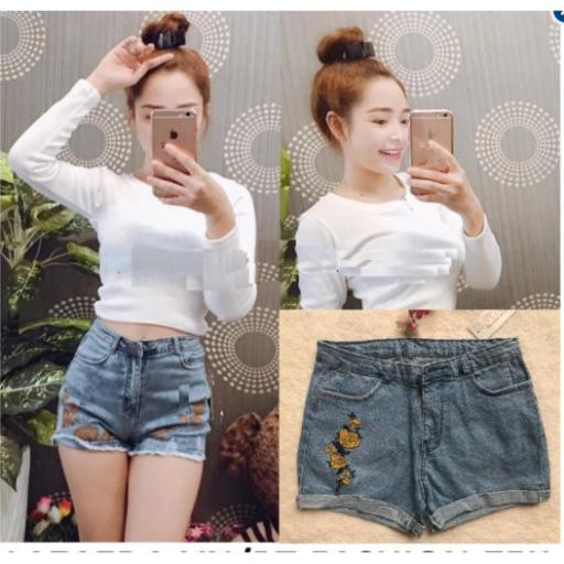 Quần Sọt Đùi (Short) Jean Coton Co Dãn, Thêu Hoa Thời Trang 2018 - XMFashionBeauty-  SO003 Xịn