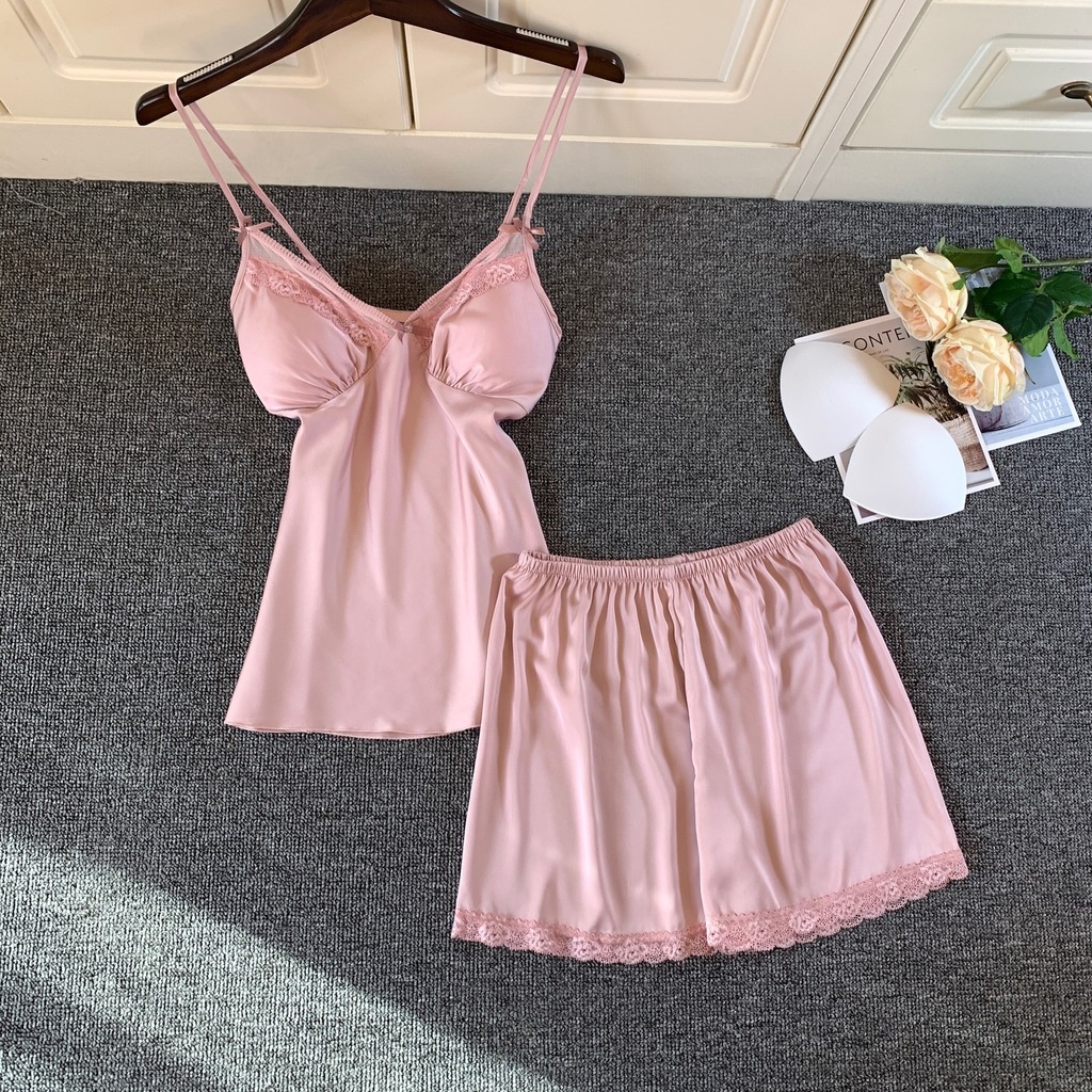 Bộ Đồ Ngủ Áo Hai Dây + Quần Short Chất Lụa Thời Trang Mùa Hè Quyến Rũ Cho Nữ