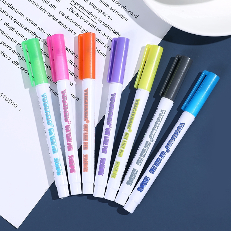 8 Color Double Line Marker Pen Student Office Stationery Watercolor Highlighter DIY Stroke Pen