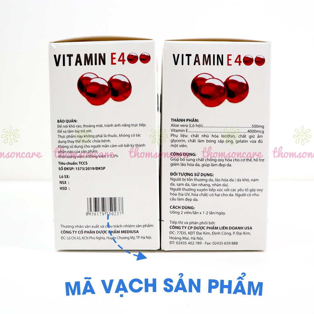 Bổ sung Vitamin E đỏ 400 IU, hỗ trợ làm đẹp da, ngăn ngừa lão hóa, có thêm lô hội, tương tự E đỏ Nga Hộp 100 viên