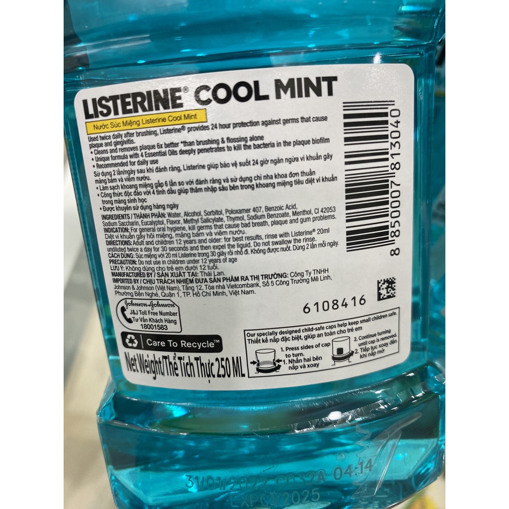 Nước súc miệng Listerine chai 250 ml, 750ml vị bạc hà và trà xanh cho hơi thở thơm mát, cho răng chắc khỏe hơn