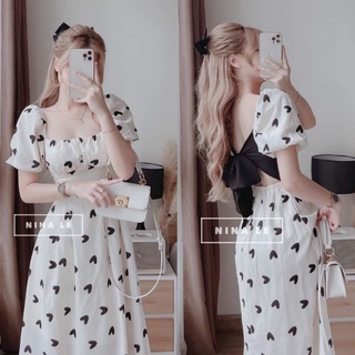 Đầm midi nude họa tiết tim cổ vuông nhíu ngực tay phồng buộc nơ lưng