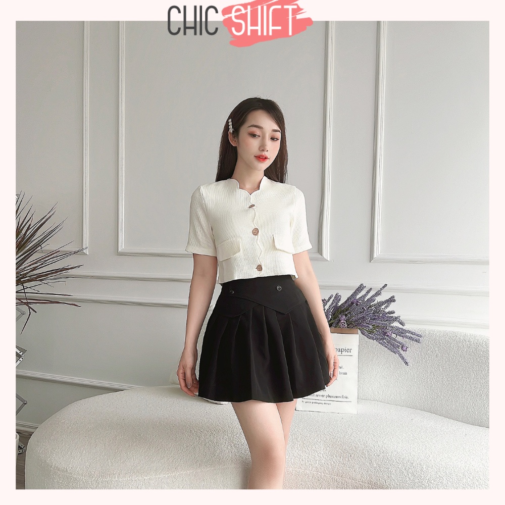 Áo kiểu vải dạ Tweed dáng croptop ngắn tay viền cổ cách điệu cánh hoa dễ phối đồ