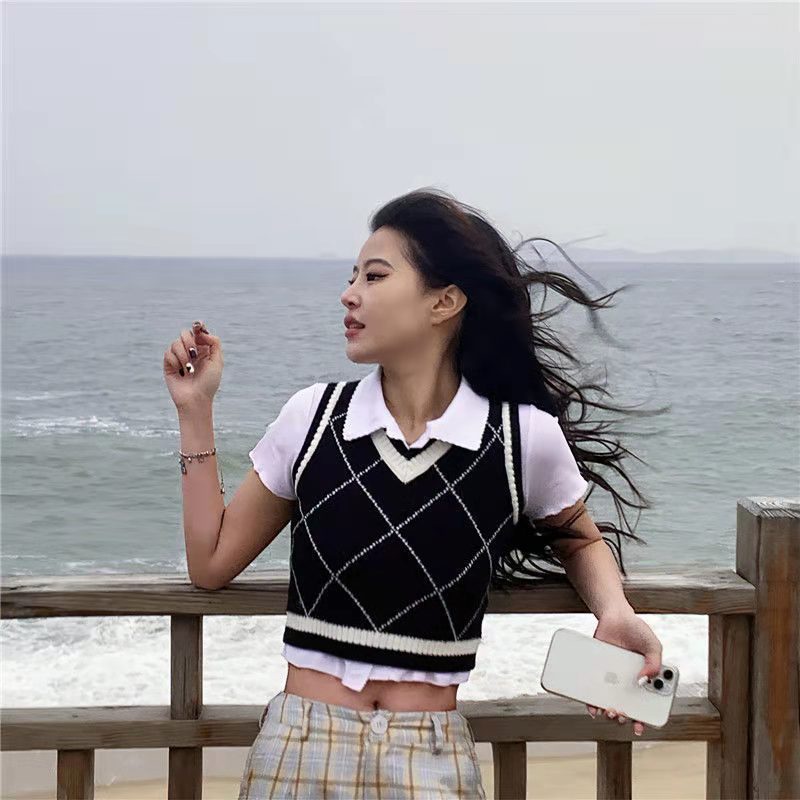 Áo len không tay cổ chữ V họa tiết sọc caro thời trang cho nữ | BigBuy360 - bigbuy360.vn