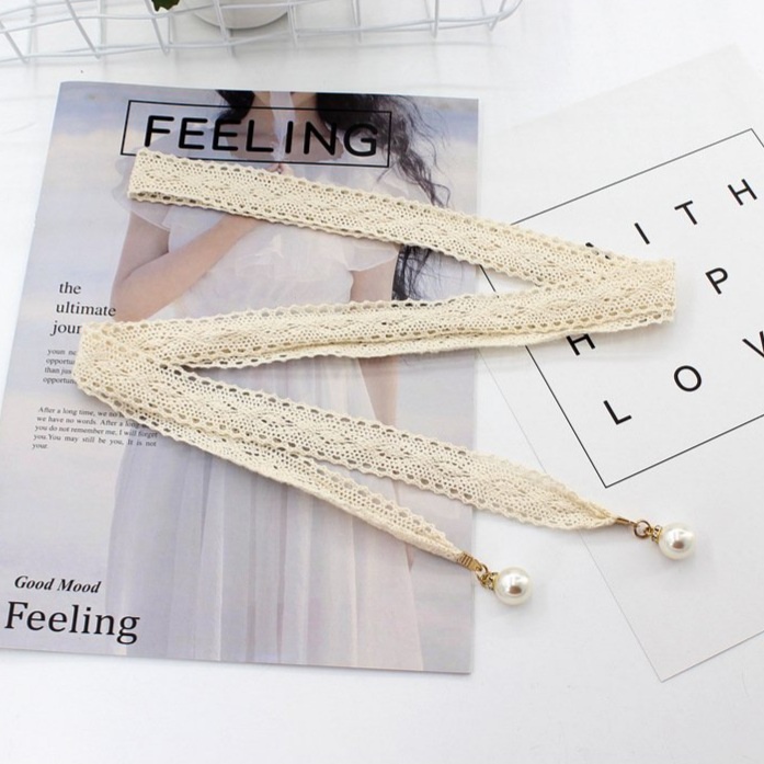 Dây lưng vải ren gắn ngọc đính đá, đai váy nữ thắt nơ thanh lịch