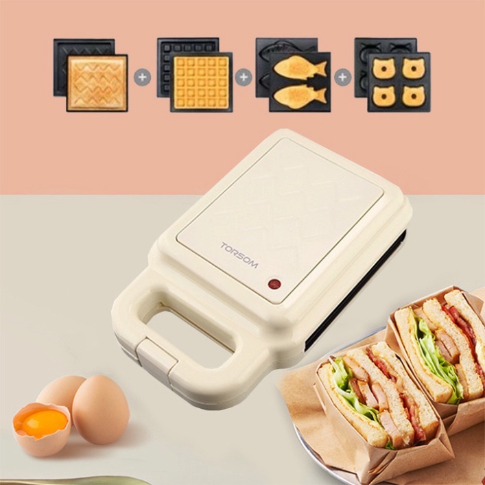 Máy làm bánh đa năng 4 khuôn nướng kẹp bánh mì Sandwich, bánh cá, waffle, Donut chính hãng TORSOM