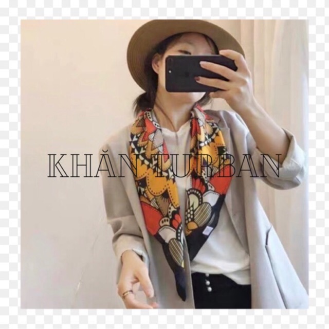 Khăn turban lụa vuông choàng cổ size 70x70cm thanh lịch phong cách nữ tính đa năng dùng làm áo yếm in hoa văn