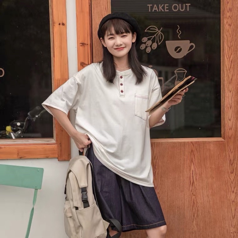 Bộ Áo Phông Rộng Chỉ Nổi + Quần Ngố Bò Phong Cách Nhật Bản COTTON 100%