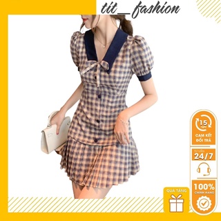 Váy Kẻ Caro Đuôi Cá Xếp Ly Ngắn , Đầm Dự Tiệc Dáng Ôm Có Cổ Đính Nơ Cao Cấp Kiểu Dáng Tiểu Thư Phong Cách Hàn Quốc